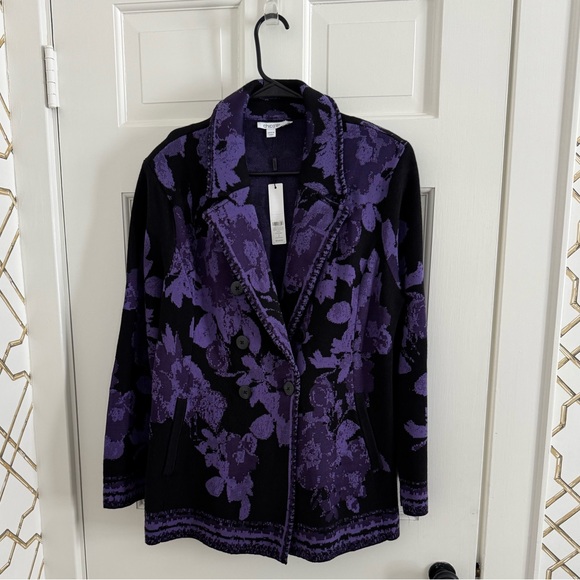 Chico's Jackets & Blazers - Chico's Purple and Black Floral sweater knit Blazer